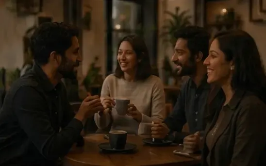 Group of friends chatting and laughing over coffee