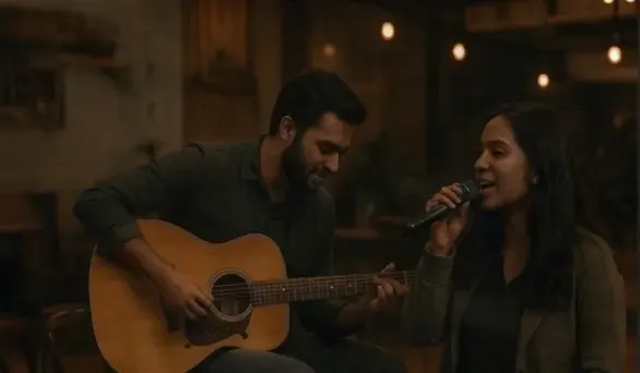 Musicians performing acoustic music at the cafe
