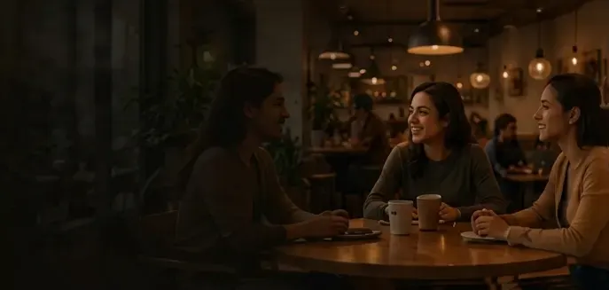 Guests talking and enjoying coffee together at a table