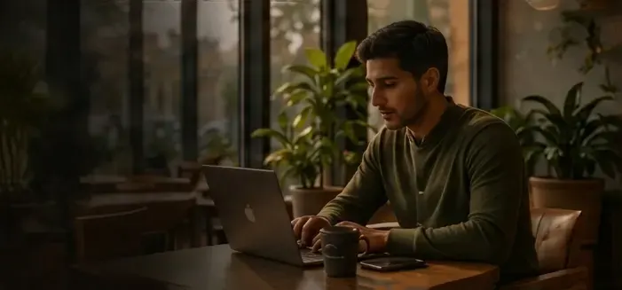 Man working on a laptop with coffee at a wooden table
