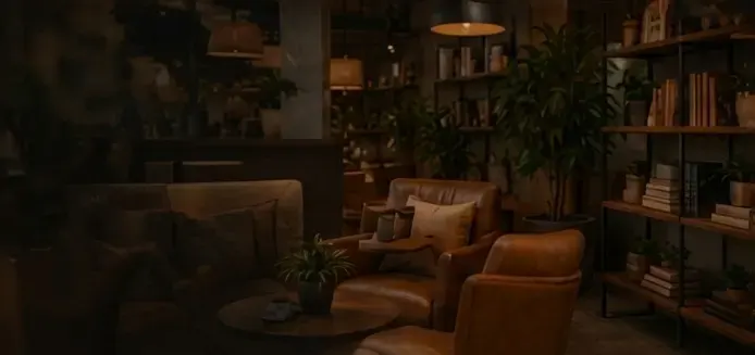 Cozy lounge corner with leather armchairs and bookshelves