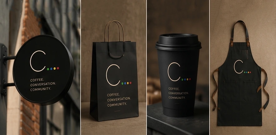 Four C. mood cups in green, blue, yellow and red lined up
