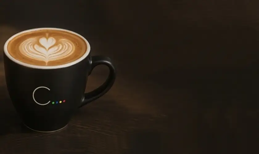 Latte with heart-shaped foam art in a C. mug