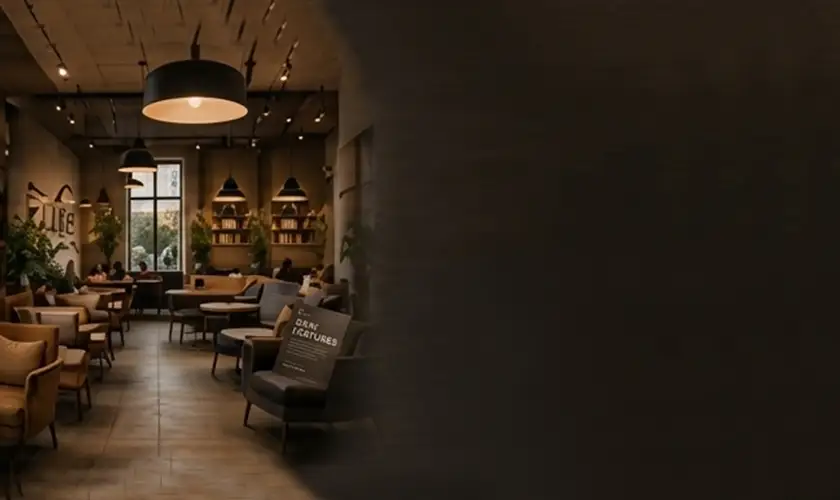 Warm, softly lit interior seating area at a C. cafe