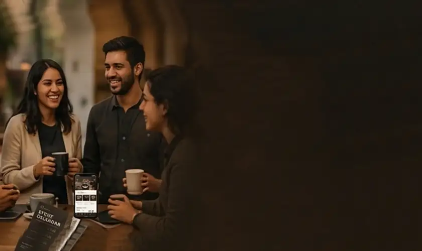 Friends gathered together laughing over coffee
