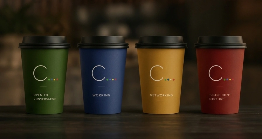 Four C. mood cups in green, blue, yellow and red lined up