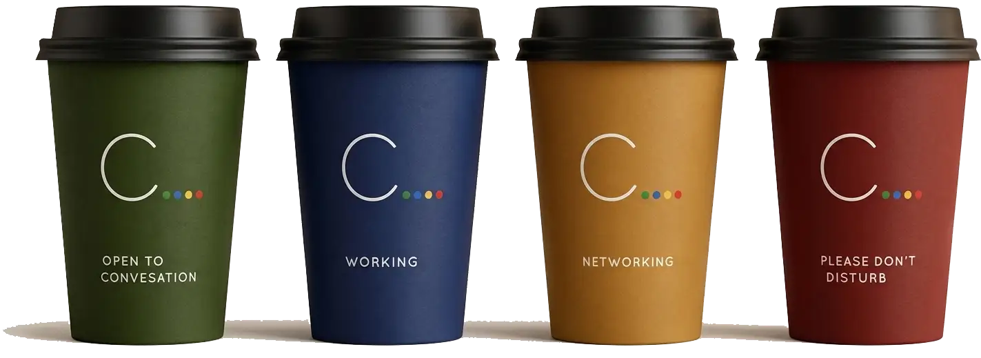 Four C. coffee cups in green, blue, yellow and red representing each mood