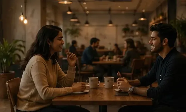 Two guests talking over coffee at a table