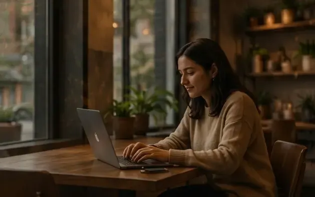 Woman working on a laptop by the window