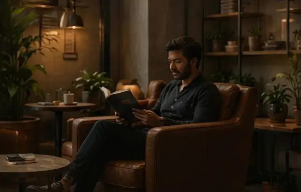 Man reading in a cozy armchair
