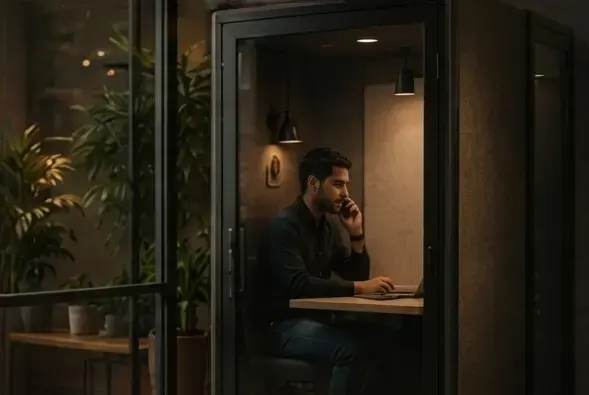 Man on a call in a private meeting room