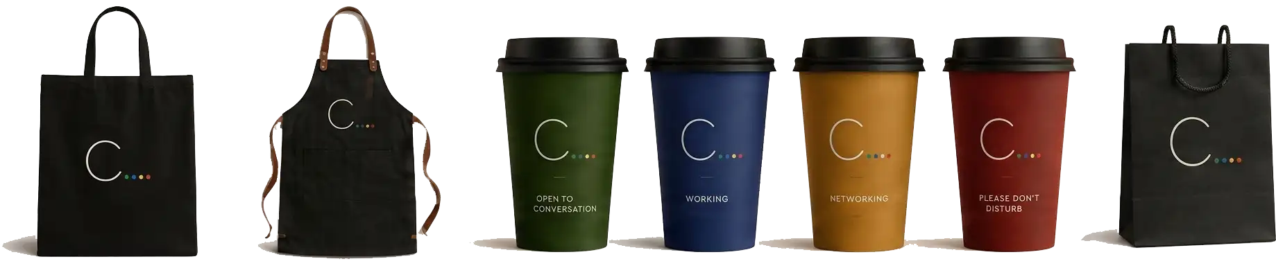 C. tote bag, apron, four mood cups, and gift bag lined up together