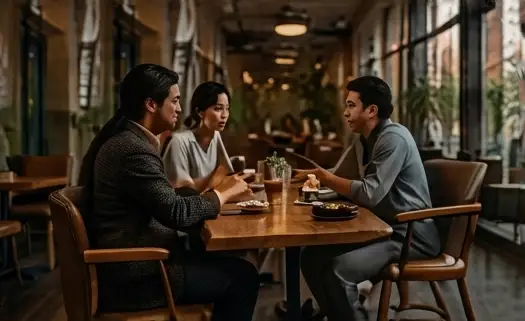 Guests gathered at a C. cafe table