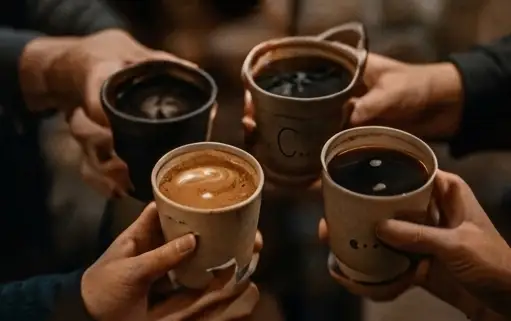 Friends toasting coffee cups together